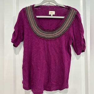 Anthropologie Deletta Medium T shirt blouse top Purple scoop neck embellished